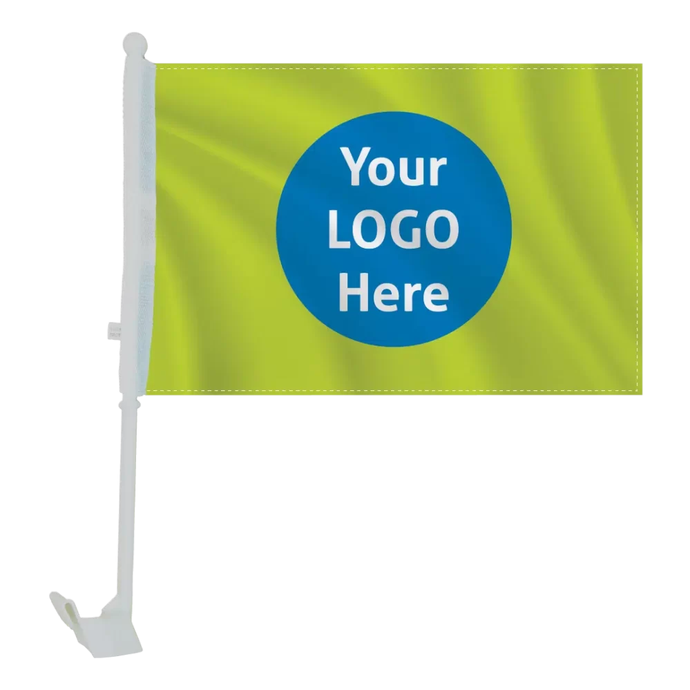 custom green 12"x18" car flag with a blue circle with white text "Your LOGO here" on a heavy duty bracket