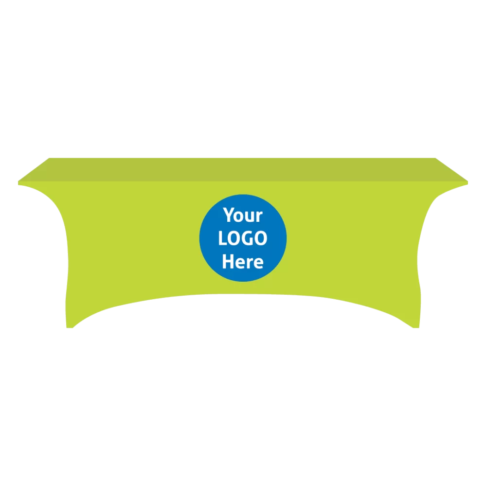 Stretch polyester custom tablecloth, available for 6' or 8' tables. Green stretchy tablecloth with a blue circle on the front that says "Your LOGO Here"