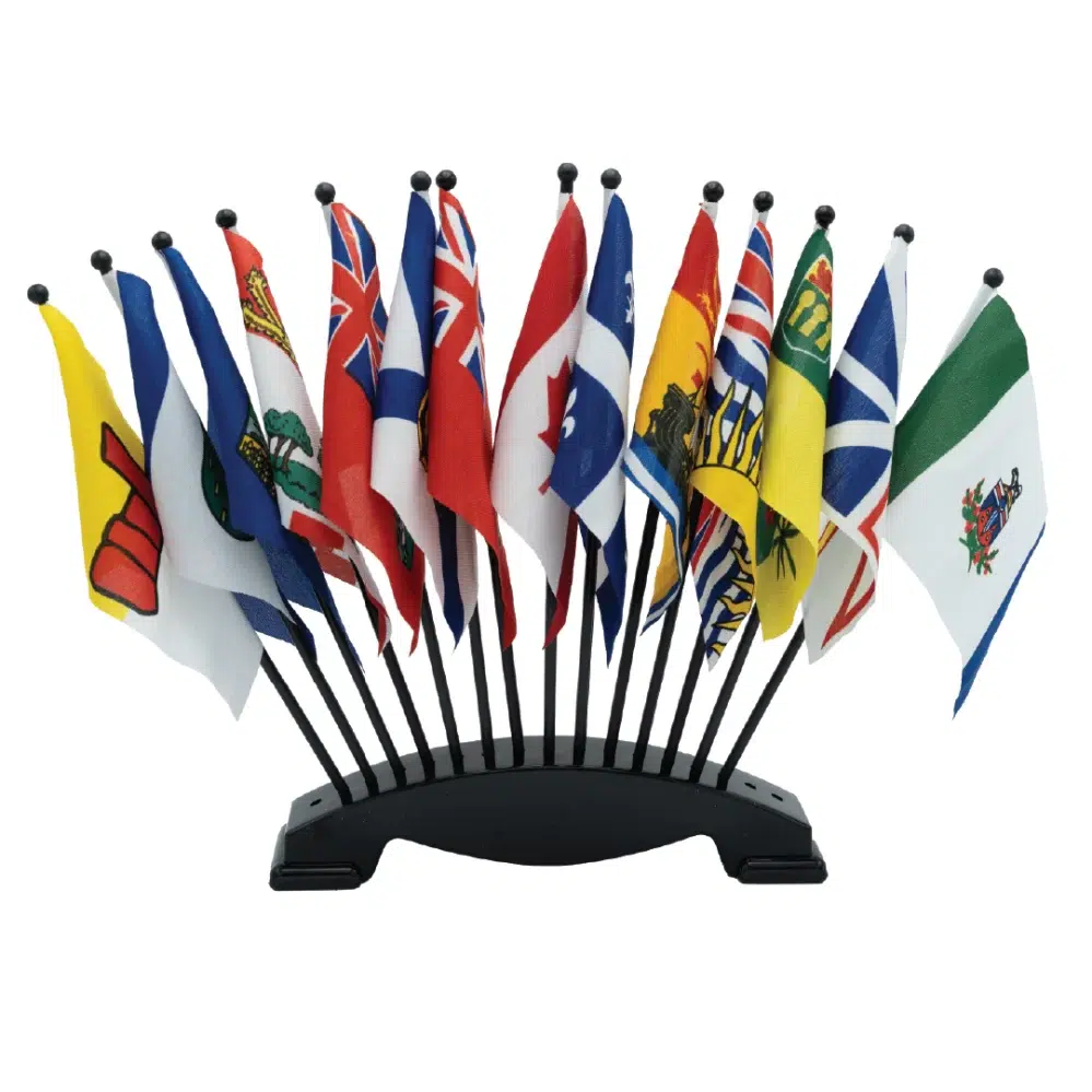 Provincial Set of 10 Canadian Provinces, 3 Territories, and 1 Canada flag on 4"x6" stick flags with a 17 hole base