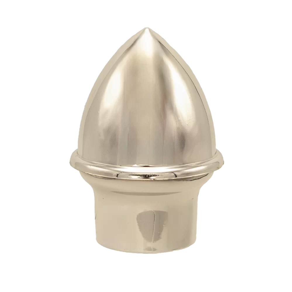 silver coloured, plastic finial of an acorn for indoor poles. Fits aluminum poles. Fits wood poles with slight modification.