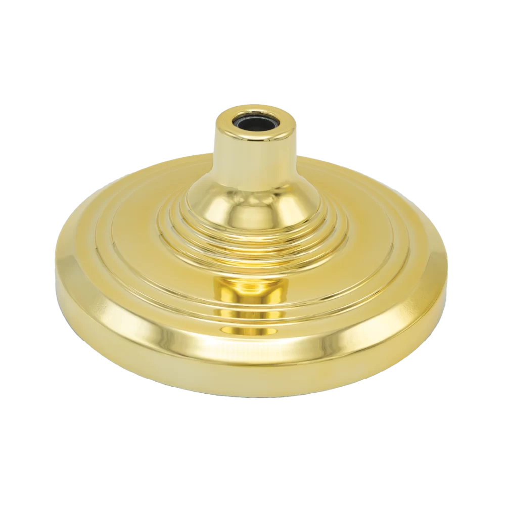 Gold, plastic stand for indoor display of flagpoles. Fits a 1" pole. Needs to be filled with sand (not included)