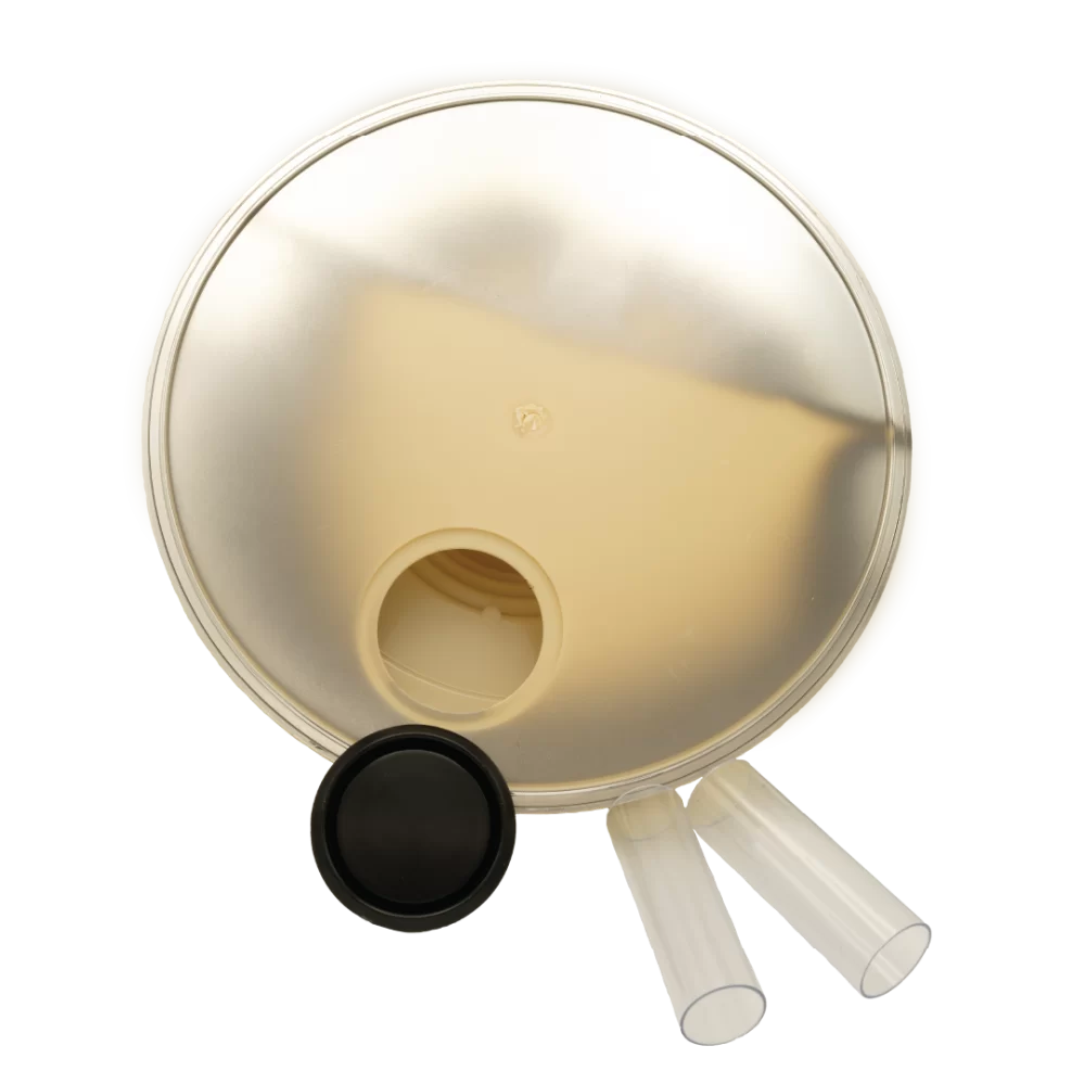 Plastic, gold indoor stand for indoor display of flagpoles. Fits a 1" pole. Needs to be filled with sand (not included) Showing bottom of the stand where the plug is removed to fill with sand.